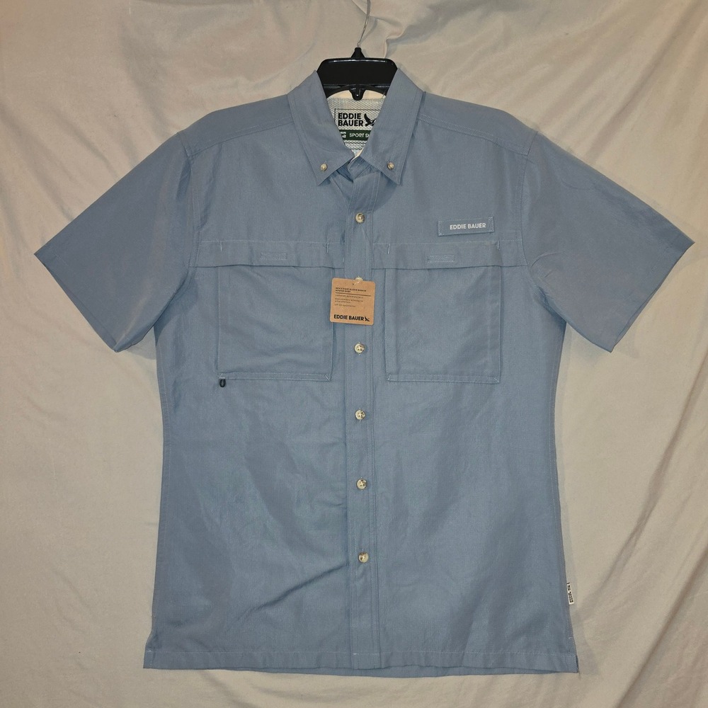 Eddie Bauer Rainier Ripstop Shirt Small Mens Blue Short Sleeve Vented UPF 50+
